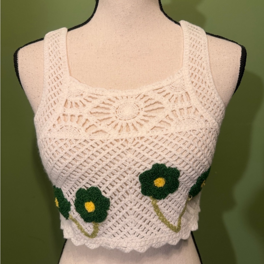 White Crochet Crop Top with Green Floral Accents